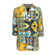 BLUSA COLLO COREANA CON FANTASIA Donna Mussola Giallo Blu BLUSA COLLO COREANA CON FANTASIA Donna Mussola Giallo Blu