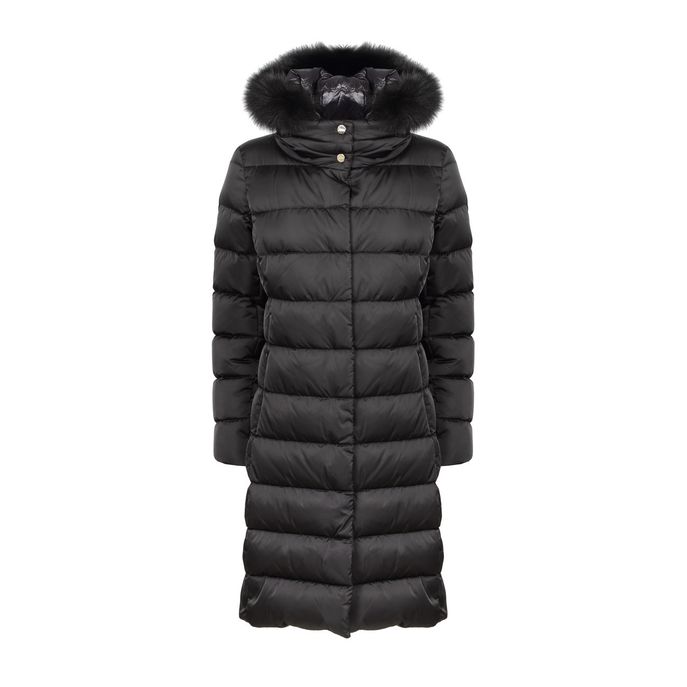 CAPPOTTO LUNGO IN PIUMA CON CAPPUCCIO E PELO STACCABILE Donna Nero