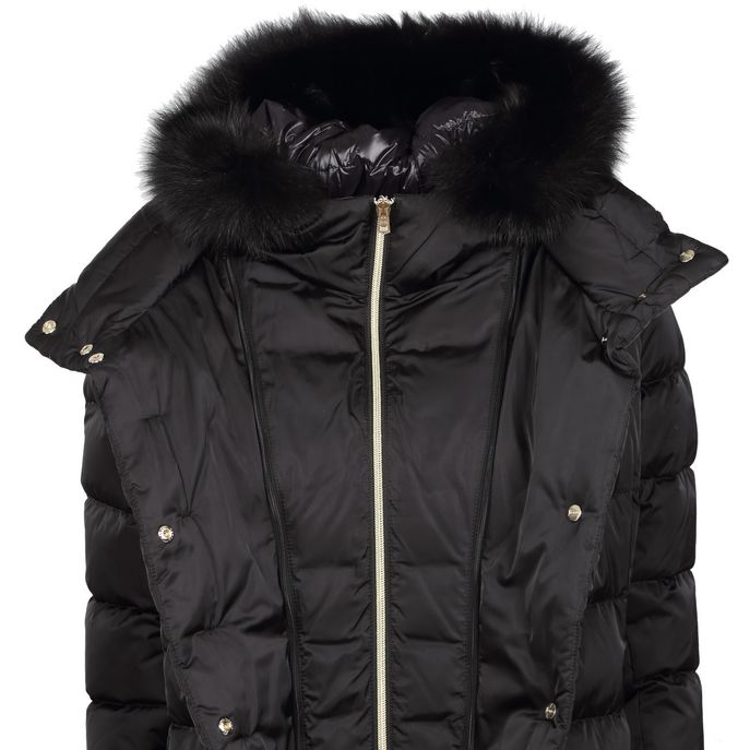 CAPPOTTO LUNGO IN PIUMA CON CAPPUCCIO E PELO STACCABILE Donna Nero