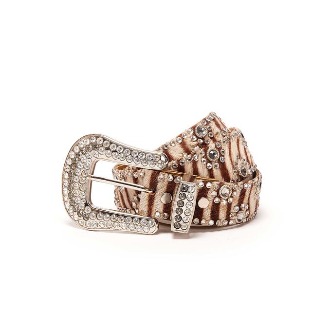 CINTURA ALTA CAVALLINO ZEBRATA SWAROVSKY FIBBIA PIENA Donna Marrone Bianco Silver
