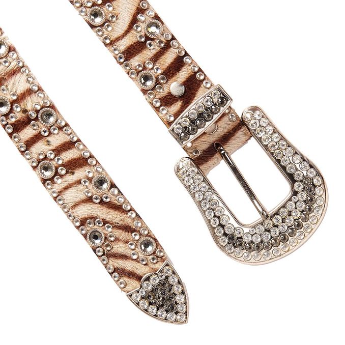 CINTURA ALTA CAVALLINO ZEBRATA SWAROVSKY FIBBIA PIENA Donna Marrone Bianco Silver