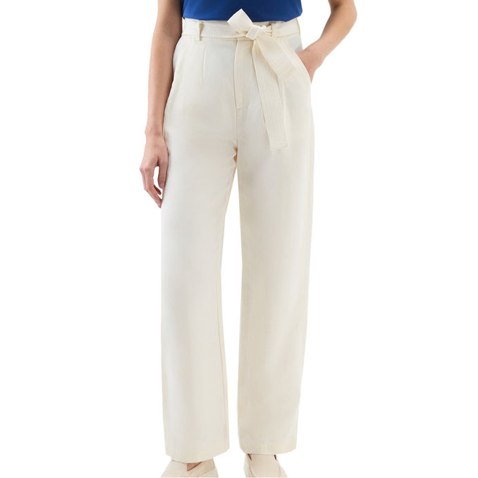 PANTALONE IN MISTO VISCOSA E LINO Donna Plaster White