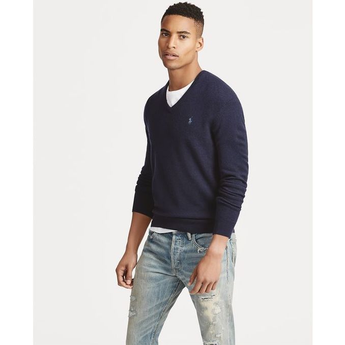 PULL SCOLLO A V IN LAMBSWOOL Uomo Blu navy