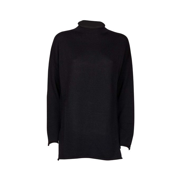 PULLOVER LUPETTO CON SPACCO IN LANA MERINOS Donna Nero