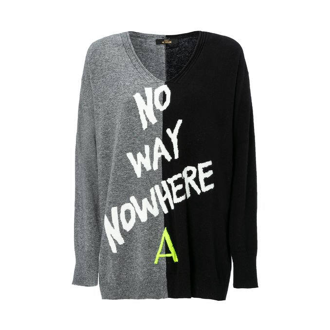 PULLOVER SCOLLO V BICOLOR CON SCRITTA Donna Grigio Medio