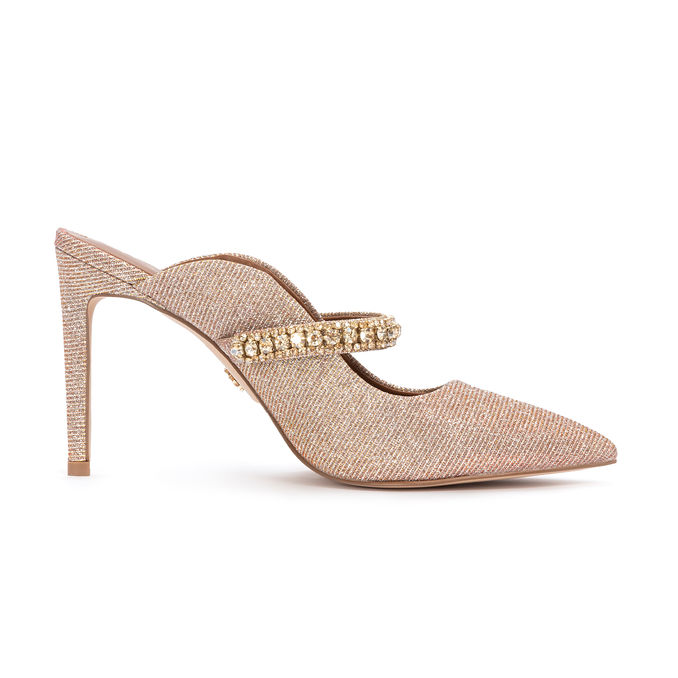 SABOT CANGIANTE CON TACCO E STRASS Donna Oro Rosa