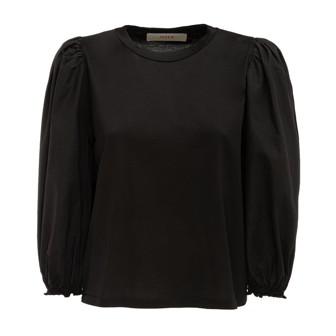 T-SHIRT JERSEY MANICHE 3/4 POPELINE  Donna Nero