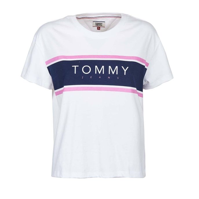 TOMMY HILFIGER JEANS T-SHIRT MANICA CORTA STAMPATA CON RIGHE Donna Bianco  blu rosa | Mascheroni Sportswear